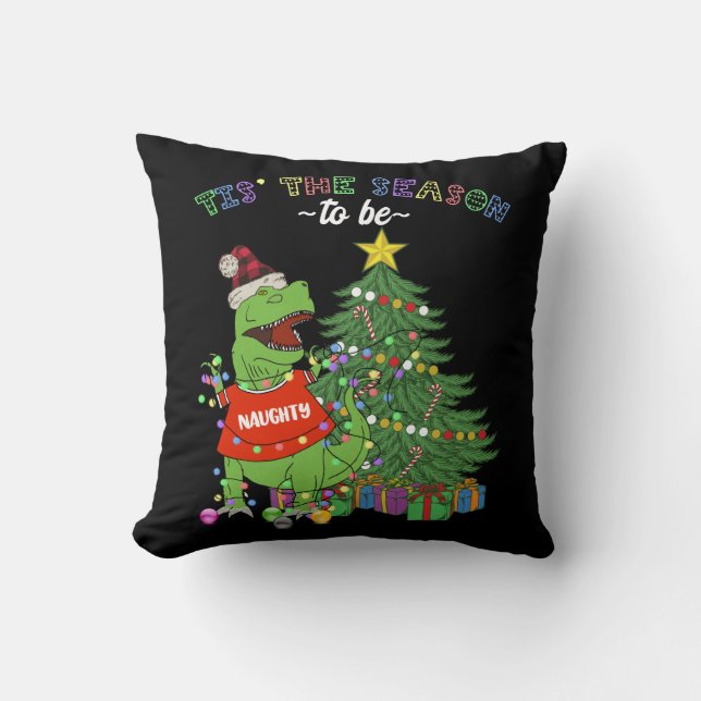 Grappige Kerstboom Dinosaurus Stoute Lijst Kussen (Voorkant)