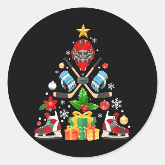 Grappige Kerstboom IJshockeyspelers Kerstmis Ronde Sticker (Voorkant)