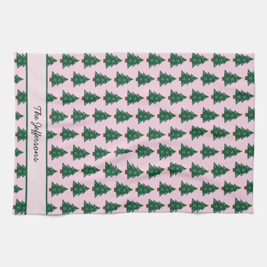 Grappige kerstboom in roze linten theedoek (Horizontaal)