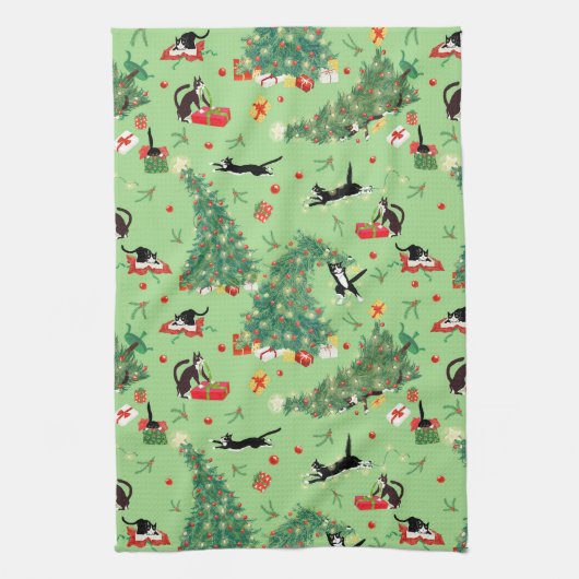 Grappige Kerstboom Kat Keuken Handdoek (Verticaal)