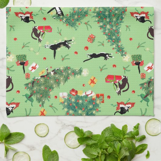 Grappige kerstboom kat theedoek (Gevouwen)