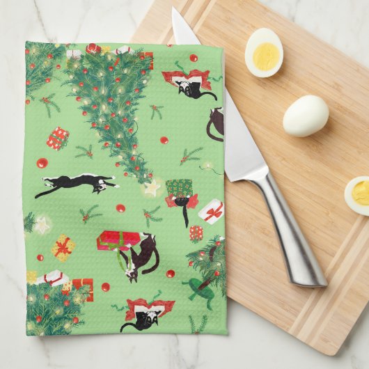 Grappige kerstboom kat theedoek (Quarter Fold)
