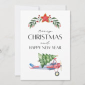 Grappige kerstboom op vliegtuig en familiefoto kaart (Voorkant)