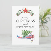 Grappige kerstboom op vliegtuig en familiefoto kaart (Staand voorkant)