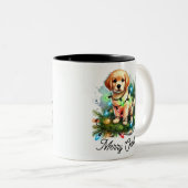 Grappige kerstboom veroveraar Santa Dog Tweekleurige Koffiemok (Voorkant rechts)