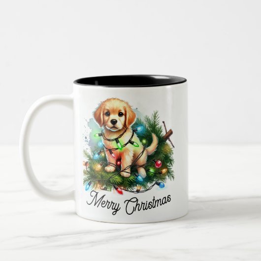 Grappige kerstboom veroveraar Santa Dog Tweekleurige Koffiemok (Links)