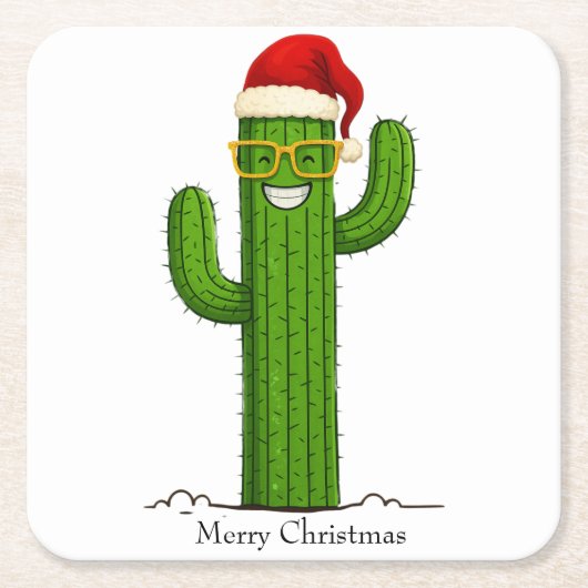 Grappige kerstcactus met kerstmuts en -bril kartonnen onderzetters (Voorkant)