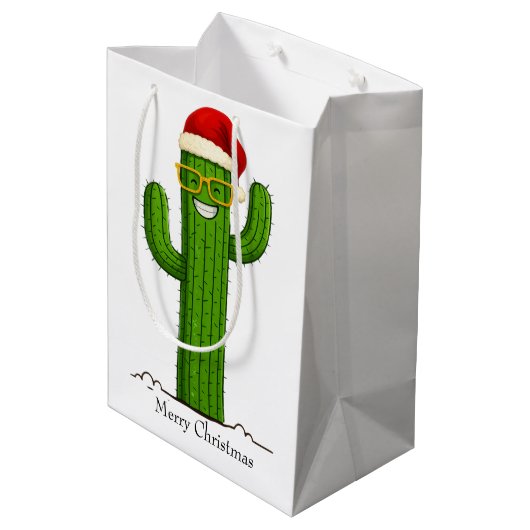 Grappige kerstcactus met kerstmuts en -bril medium cadeauzakje (Achterkant Gekanteld)
