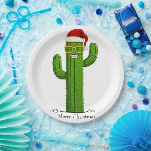 Grappige kerstcactus met kerstmuts en -bril papieren bordje (Feest)