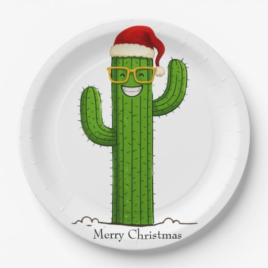 Grappige kerstcactus met kerstmuts en -bril papieren bordje (Voorkant)