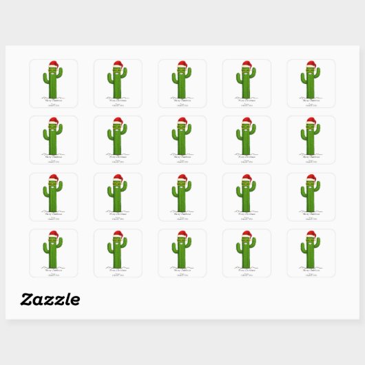 Grappige kerstcactus met kerstmuts en -bril vierkante sticker (Vel)
