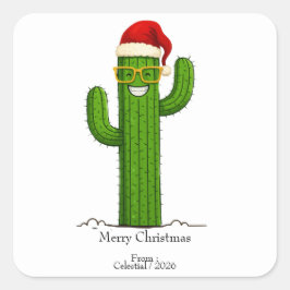 Grappige kerstcactus met kerstmuts en -bril vierkante sticker