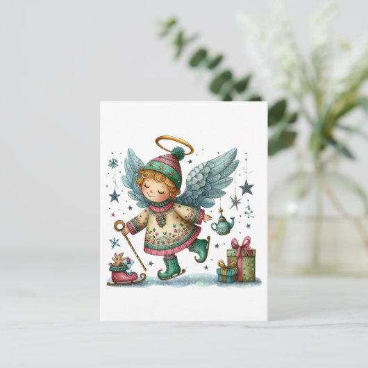Grappige kerstengel op Schaatsen Briefkaart (Staand voorkant)