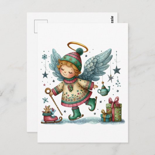 Grappige kerstengel op Schaatsen Briefkaart (Voorkant / Achterkant)