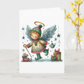 Grappige kerstengel op Schaatsen Kaart (Gele Bloem)