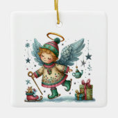 Grappige kerstengel op Schaatsen Keramisch Ornament (Voorkant)