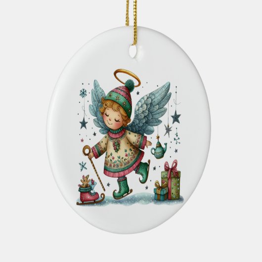 Grappige kerstengel op Schaatsen Keramisch Ornament (Rechts)