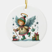 Grappige kerstengel op Schaatsen Keramisch Ornament (Voorkant)