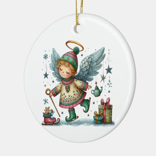 Grappige kerstengel op Schaatsen Keramisch Ornament (Links)