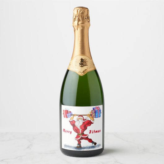 Grappige Kerstfles Label Santa met Gift Sparkling Wijnetiket (Voorkant)