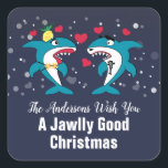 Grappige Kersthaaien Familienaam Navy Vierkante Sticker<br><div class="desc">Een Jawlly Good Funny Christmas Sharks Gepersonaliseerde familienaam Navy Blue Christmas Square sticker. Leuke manier om een glimlach te krijgen! Personaliseer met uw eigen tekst. Geweldig voor enveloppen of voorkeurszegels, of cadeauverpakking. We nodigen u uit om onze Zazzle-winkel, Life On Memory Lane, te bezoeken voor bijpassende producten en meer. Neem...</div>