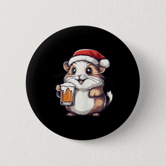 Grappige kersthamster met bierstrip ronde button 5,7 cm (Voorkant)