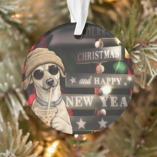 Grappige Kersthond die Bubble Tea drinkt Ornament (Boom)