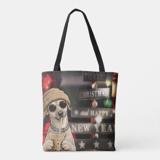 Grappige Kersthond die Bubble Tea Drinkt Tote Bag (Achterkant)