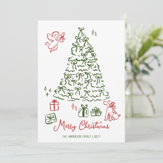 Grappige kerstkaart hand getrokken boom (Staand voorkant)