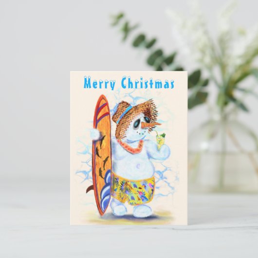 Grappige kerstkaart met Summer Snowman Surfer Briefkaart (Staand voorkant)