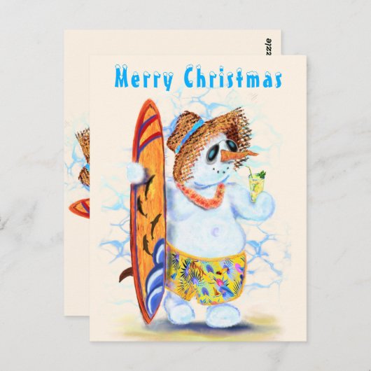 Grappige kerstkaart met Summer Snowman Surfer Briefkaart (Voorkant / Achterkant)