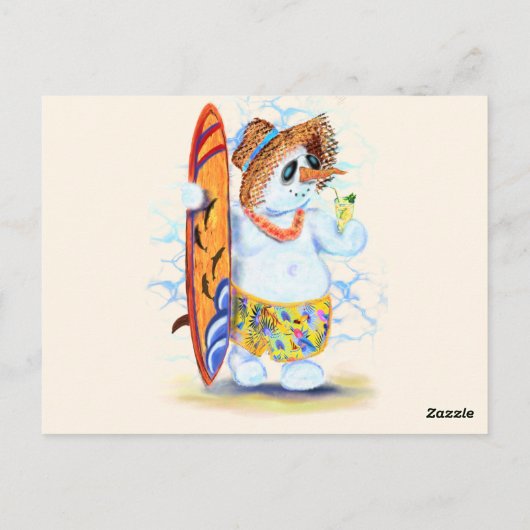 Grappige kerstkaart met Summer Snowman Surfer Briefkaart (Achterkant)