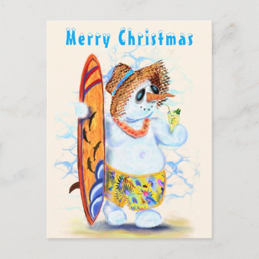 Grappige kerstkaart met Summer Snowman Surfer Briefkaart (Voorkant)