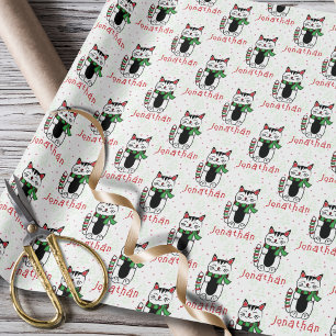 Grappige Kerstkat Cartoon Gepersonaliseerd Kind Cadeaupapier