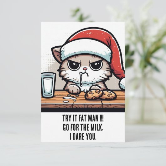 Grappige Kerstkat: Kerstman vs Kat voor de Melk Kaart (Staand voorkant)