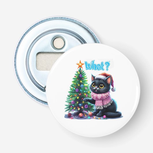 Grappige Kerstkat Wat met Boom Sticker Button Flesopener (Voorkant)