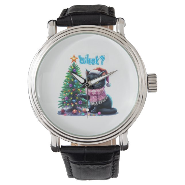 Grappige Kerstkat Wat met Boom Sticker Horloge (Voorkant)
