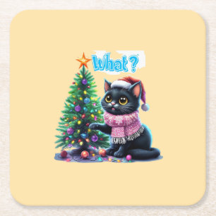 Grappige Kerstkat Wat met Boom Sticker Kartonnen Onderzetters