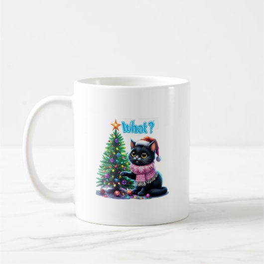 Grappige Kerstkat Wat met Boom Sticker Koffiemok (Links)