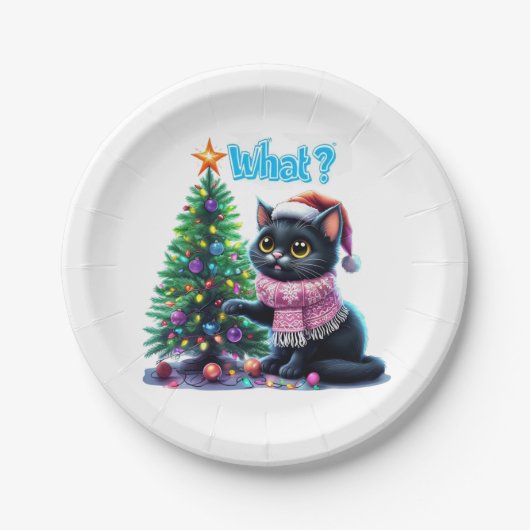 Grappige Kerstkat Wat met Boom Sticker Papieren Bordje (Voorkant)