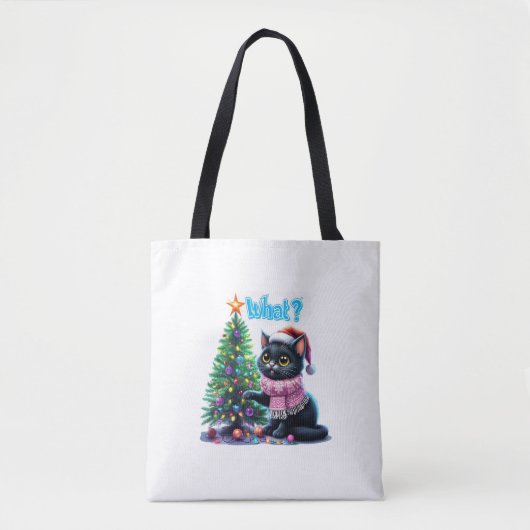 Grappige Kerstkat Wat met Boom Sticker Tote Bag (Voorkant)