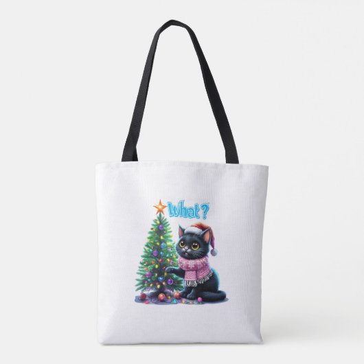 Grappige Kerstkat Wat met Boom Sticker Tote Bag (Achterkant)