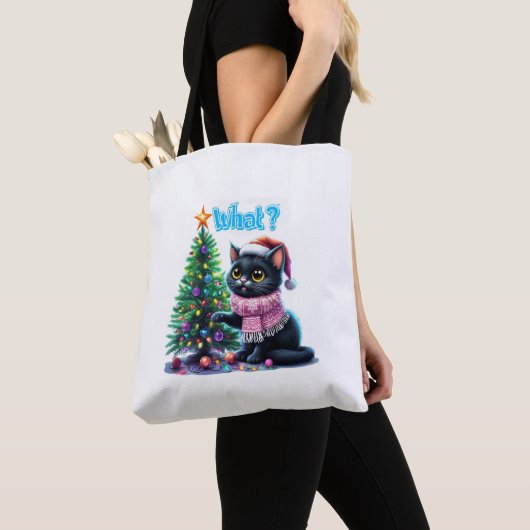 Grappige Kerstkat Wat met Boom Sticker Tote Bag (Dichtbij)