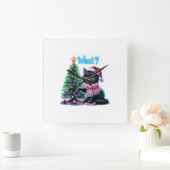 Grappige Kerstkat Wat met Boom Sticker Vierkante Klok (Huis)