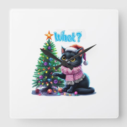 Grappige Kerstkat Wat met Boom Sticker Vierkante Klok (Voorkant)