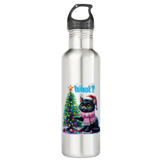Grappige Kerstkat Wat met Boom Sticker Waterfles (Voorkant)