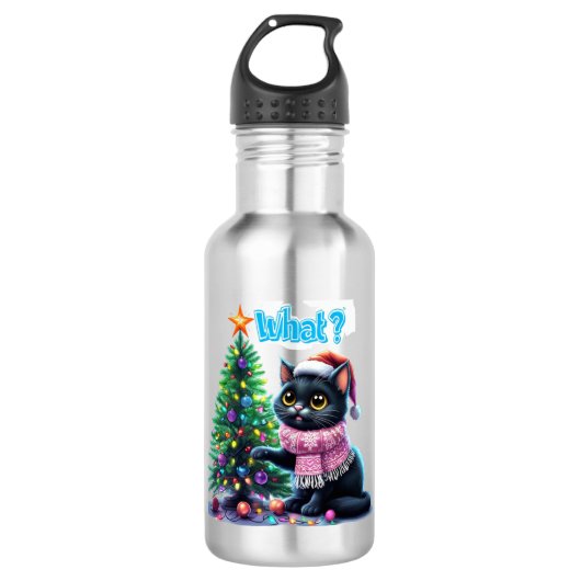 Grappige Kerstkat Wat met Boom Sticker Waterfles (Voorkant)