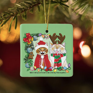 Grappige Kerstkatten Vakantiefoto Broers en Zuster Keramisch Ornament