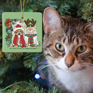 Grappige Kerstkatten Vakantiefoto Broers en Zuster Keramisch Ornament