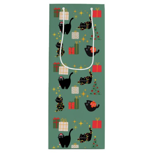 Grappige Kerstkatten Wijn Cadeautas (Voorkant)